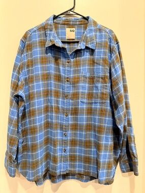SO Light Blue and Brown Plaid Men's Button-Down Shirt